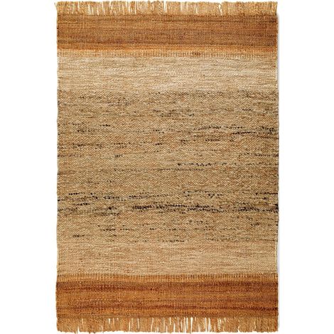 Tapis rectangulaire marron en laine et jute avec franges - marron naturel avec nuances beige (1/2)