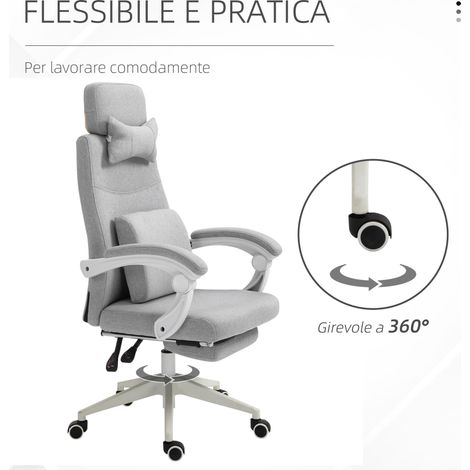 Fauteuil de bureau ergonomique gris 62x68x117-127cm, avec roulettes, soutien lombaire, appui-tête et repose-pieds rétractable. (1/5)