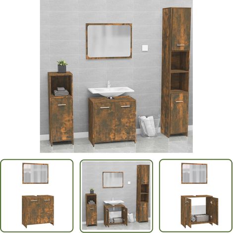The Living Store Badmöbel-Set Räuchereiche Holzwerkstoff - Badmöbel - Badezimmermöbel - Holzschränke - Spiegelschrank - Rauchfarbe (1/5)