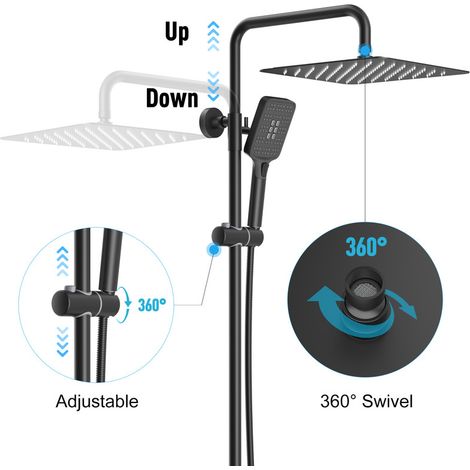 Colonne de douche thermostatique noire – Douche de tête carrée 30 x 30 cm en acier inoxydable – Thermostat avec sécurité à 38℃ – Pommeau pivotant 360°