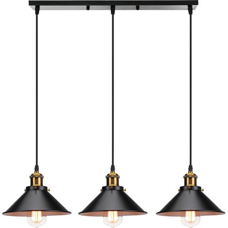 – Lustre suspension 3 lampes E27 22cm – Corde ajustable – Fer anti-corrosion – Longueur câble 100cm – Compatible LED et halogènes (1/5)