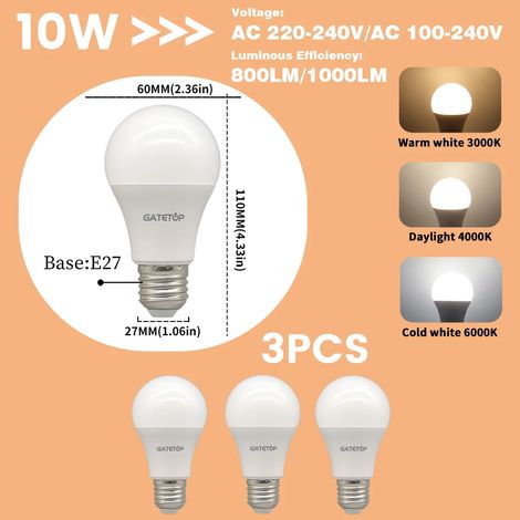 Lampes de croissance pour plantes (Lot de 3, lumière du jour 4000K, AC220-240V) Ampoules LED E27 10W équivalent à des ampoules à incandescence de 100W, ultra-lumineuses pour le salon (1/5)