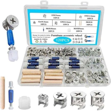 120-teiliges Möbelbeschlagset: Nockenschlösser, Exzenternocken, Muttern, Bolzen, Holzdübel, Befestigungselemente und multifunktionale Verbinder für Montage und Reparatur. (1/4)