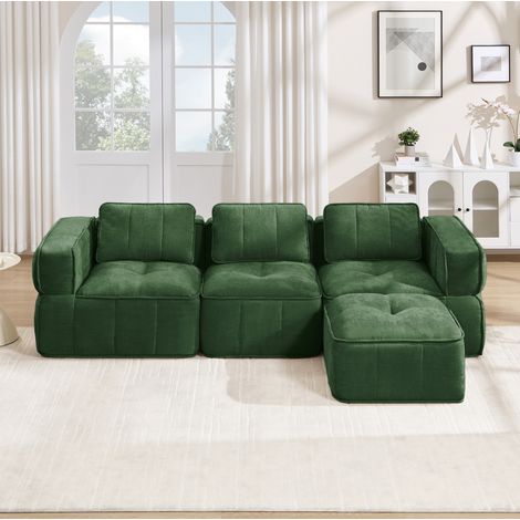 Divano modulare a L 3 posti 271/162/67 cm verde con pouf, in poliestere (1/5)