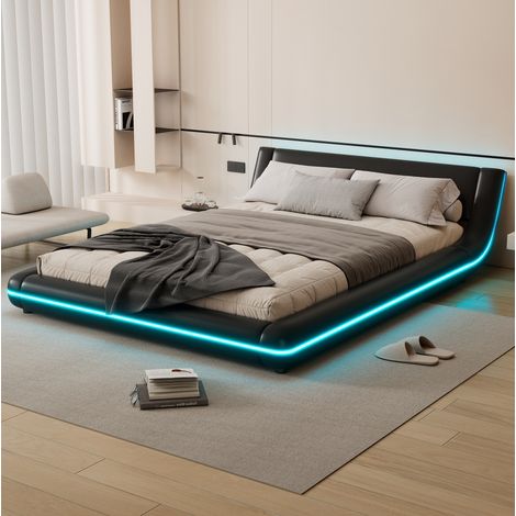MEUBLIV Cama 140x200 cm negra – armazón bajo con LED ambiental y cabecero, sin colchón (1/5)