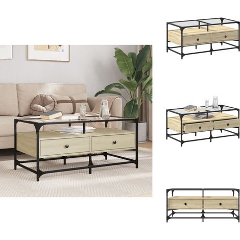 Couchtisch mit Glasplatte Sonoma-Eiche 98,5x50x45 cm Stahl - Couchtisch - Wohnzimmertisch - Esszimmertisch - Sideboard - Holztisch (1/5)