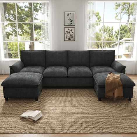 Sofá modular Cloud de chenilla negro, 264,5 x 142,5 x 84 cm, con 2 otomanas DESVIAE (1/5)