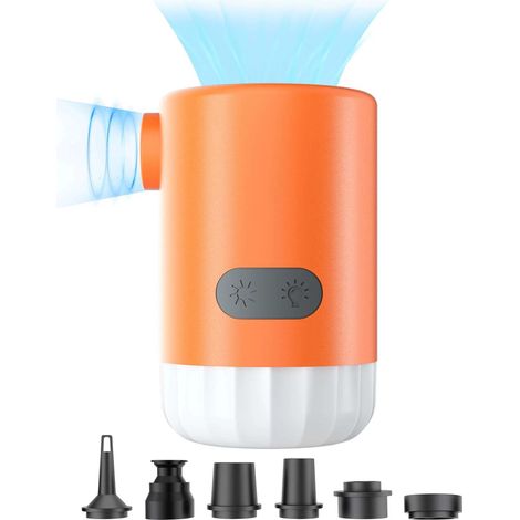 Minibomba de aire portátil para inflar, 2 baterías de 2000 mAh, 5 kPa con luz LED, ideal para camping, piscina, color naranja. (1/5)