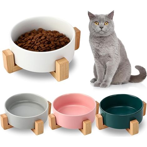 Gamelle en céramique surélevée avec support en bois, bol anti-renversement pour chat et petit chien, nourriture et eau, 400 ml, vert (1/5)