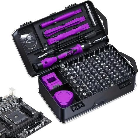 Juego de destornilladores - Puntas de precisión - Pequeñas reparaciones - 115 piezas - Tamaño compacto - Morado (1/5)