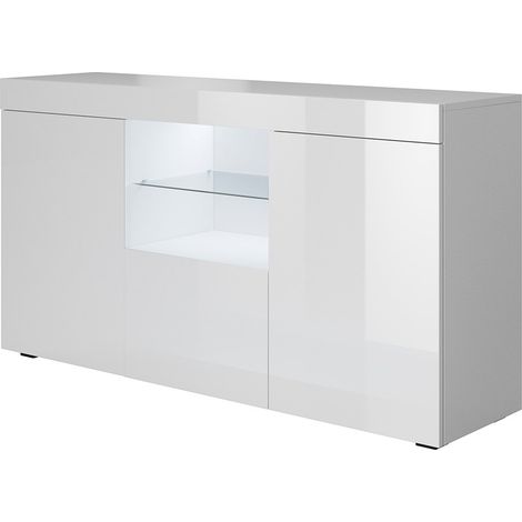 Buffet bas moderne avec LED bleue – Dimensions 135x73x34cm – Structure en mélamine brillante – 2 portes et 1 tiroir – Lettiemobili