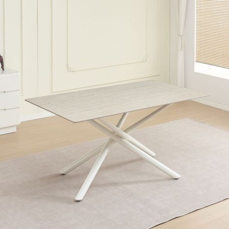 Table fixe sable avec plateau en céramique beige et structure en métal blanc 160x90x76H (1/3)