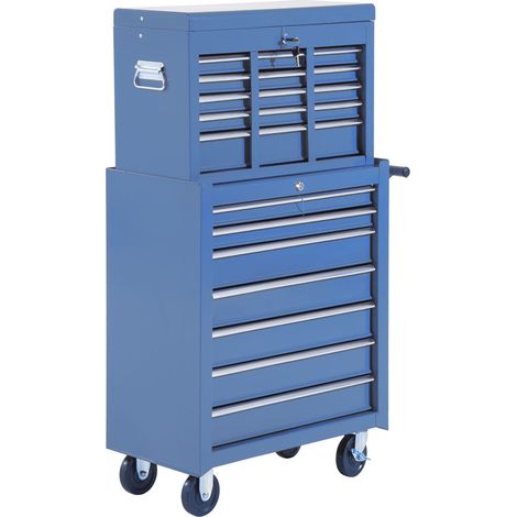Chariot d'atelier avec coffre à outils, chariot à outils verrouillable vide avec tiroirs, compartiment à outils, clé et tapis antidérapants, bleu (1/5)