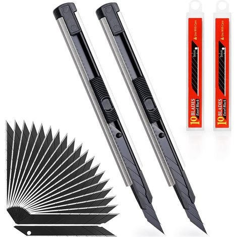 Lot de 2 Cutters avec 20 Lames 9 mm 30°, Chariot en Aluminium, Lames sécables, Système de blocage sécurité, pour l'artisanat d'art à domicile de bureau, Argent (1/5)