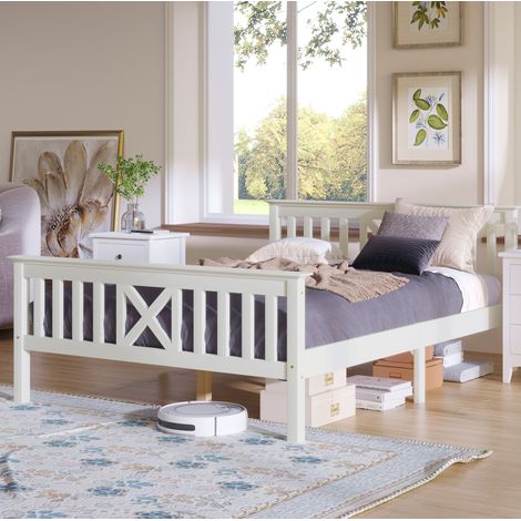 Lit double 140/200 cm blanc en bois massif avec tête de lit en X (1/5)