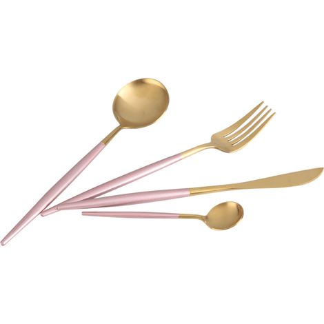 Lot de 4 Couverts en Acier Inoxydable Colorés : Cuillère, Fourchette, Couteau - Service de Table Rose et Doré pour Maison (1/5)