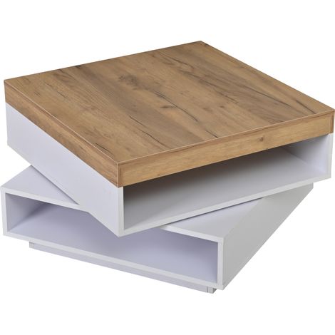 Mesa de centro cuadrada 65 x 65 x 40 cm con LED y tablero giratorio 360° MDF blanco y madera (1/5)