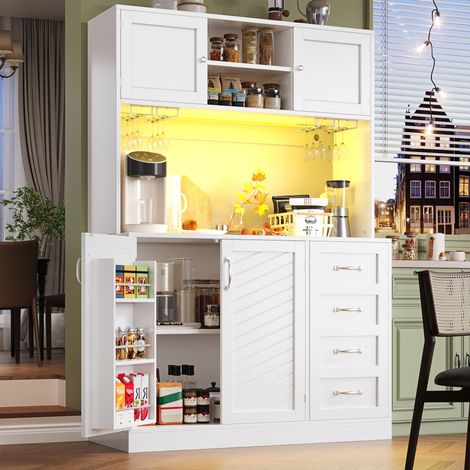 Buffet latéral / meuble de rangement / meuble de cuisine / buffet, 120x40x188cm, avec éclairage LED, étagère à snacks et porte-gobelets, 4 portes et 2 grands tiroirs, Vert/Noir/Blanc (1/5)