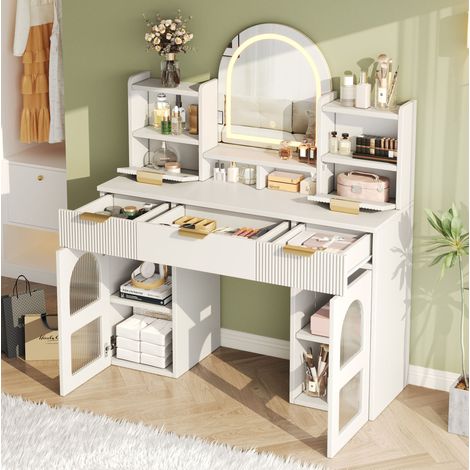 Coiffeuse 120x40x139.5 cm blanche en MDF et panneaux de particules avec miroir LED, 3 tiroirs et vitrines en verre (1/5)