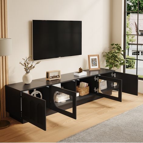 Mobile TV 200x40x42 cm, con illuminazione LED controllata da app, ante in vetro ovale, MDF e truciolare nero (1/5)