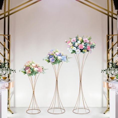 3 Stück Gold Blumenständer Metall, Hochzeitsvase Blumensäule Sanduhrförmig, Goldvasen Säule Dekosäule Pflanzenständer für Hochzeit Herzstück Tische Wohnzimmer Cafe, 50/66/79cm