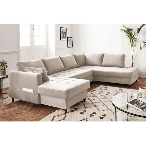 Lisa Design – Canapé panoramique d'angle droit 7 places convertible avec coffre – Revêtement velours 100 % polyester – Fabrication européenne