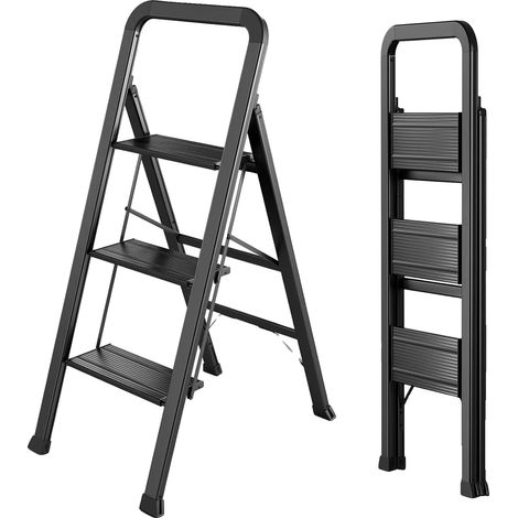 Échelle pliante en 3 étapes, légère, avec rampe ajustable, noir (1/2)