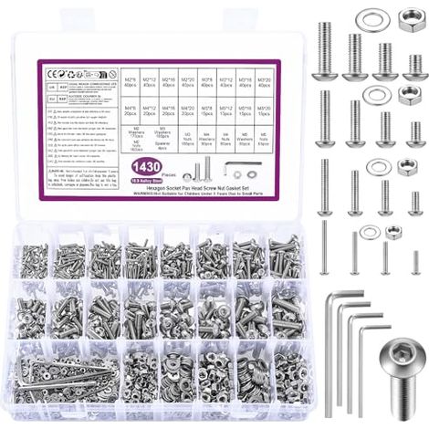 1430 STK M2 M3 M4 M5 Schrauben Set, Silbrig Innensechskantschrauben Muttern Set mit Unterlegscheiben Set, Gewindeschrauben mit Muttern, Linsenkopfschrauben und Muttern, Fahrrad Schrauben Set