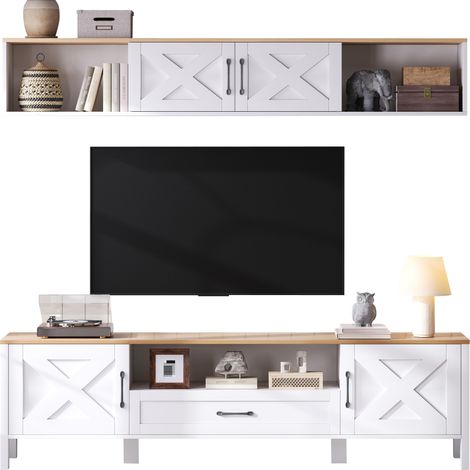 CAIziEnsemble meuble TV mural 180x40x50 cm blanc 2 pièces TV jusqu’à 80 pouces (1/5)