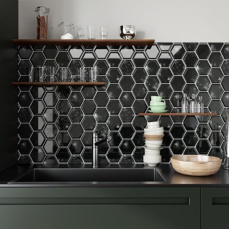 Adhesive Noirs 3D Carrelage Adhesif Mural Cuisine Hexagone Dalle Pvc Adhesive Murale Imperméable Stickers Muraux Cuisine Carreaux Adhesif Buanderie Cheminee 30.5cm x 30.5cm 4 Pcs (1/5)