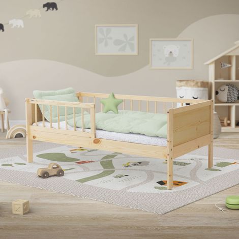 ML-Design Kinderbett 70x140 cm, Natur, Einzelbett für Kinder mit Lattenrost & Rausfallschutz, Jugendbett aus Kiefernholz, Holzbett, Bettgestell für Jungen & Mädchen, Massivholz Babybett Kleinkindbett (1/5)