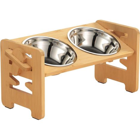 Gamelle Chien Surélevées de 6 Hauteurs Ajustables, Support de Gamelle en Bambou Durable avec 2 Gamelles en Acier Inoxydable, Gamelles Surélevées pour Petits Chiens et Chats
