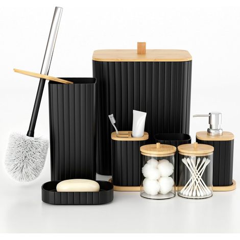 Lot de 9 accessoires de salle de bain modernes avec poubelle, brosse de toilette, porte-brosse à dents, gobelet à brosse à dents, distributeur de savon, porte-savon, support Qtip et plateau (1/5)
