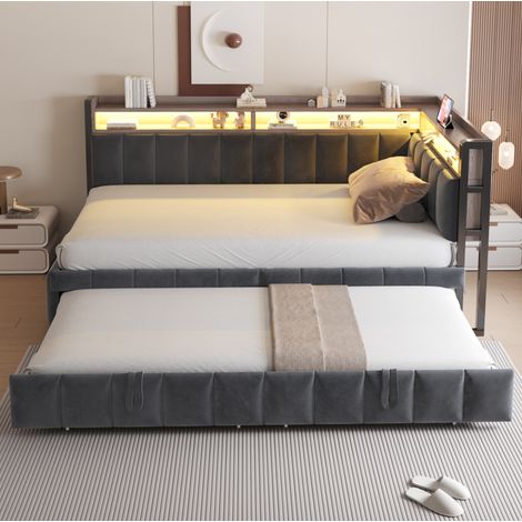 Lit gigogne 90x200 cm velours gris foncé LED USB, rangement pour studio, sans matelas – MEUBLIV (1/5)
