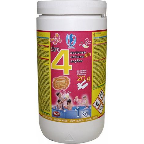 FPLUS cloro 4 acciones sin cobre p-20 gr 1 kg. , Descripción
4 Acciones en Pastillas de 20 g -disolución lenta-.
Contenido en Cloro 86%.
Efectos: Desinfección, Estabilizador de