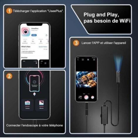 Caméra Endoscopique, 1920P HD Camera d'Inspection Canalisation, IP67 Endoscope Camera avec 8 lumières LED Câble Semi-Rigide de 5m pour iPhone iOS iPad Android Smartphone (1/3)