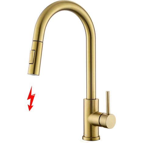 Robinet de cuisine basse pression doré, robinet basse pression avec douchette extensible, mitigeur pour cuisine moderne en acier inoxydable (1/5)