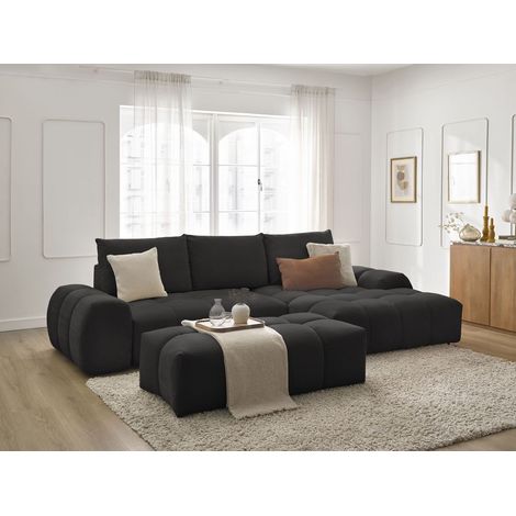 BOBOCHIC - Canapé d'angle convertible coffre EVEREST tissu texturé avec pouf Angle droit  Noir (1/5)
