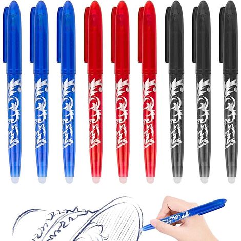 Lot de 9 stylos à bille effaçables à encre gel effaçable 0,5 mm Pour fournitures scolaires, fournitures de bureau, étudiants, bleu, noir et rouge (1/5)