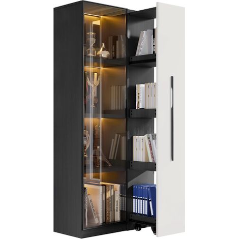 Meuble Multifonctionnel 160 cm – Bibliothèque et Vitrine avec Portes en Verre Trempé, Cadre Aluminium, 1 Porte, 1 Tiroir Latéral, Sur Roulettes et Éclairage LED (1/5)