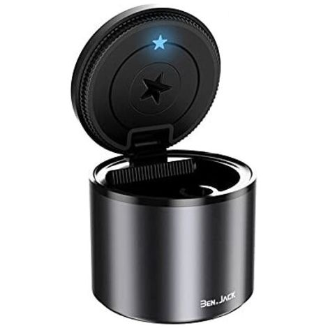 Portable, odor-neutral car ashtray, enclosed LED metal car ashtray with waterproof stainless steel lid, smoke-free, for outdoor use, office, car, etc. (Black)--DTEKGAZ
