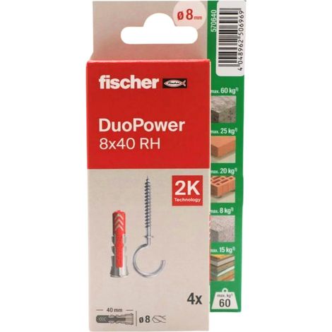 fischer - Duopower 8 x 40 con embrina aperta- 2U, tasselli da parete multimateriale, servono per appendere biciclette, quadri, armadi, supporti TV, scaffali, mobili.