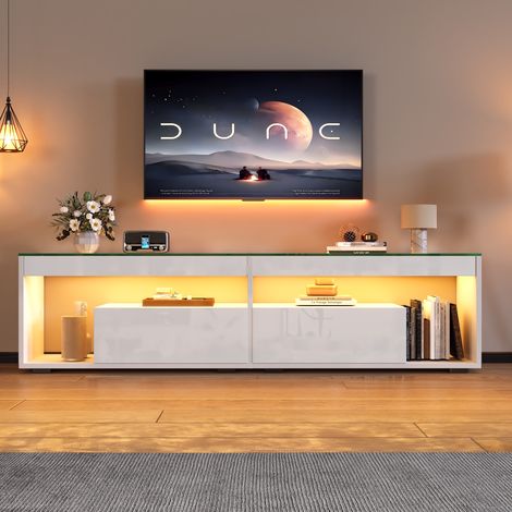 Meuble TV blanc moderne avec LED 180 x 40 x 46 cm Meuble tv bas brillant avec 2 tiroirs de rangement et étagères en verre trempé (1/5)
