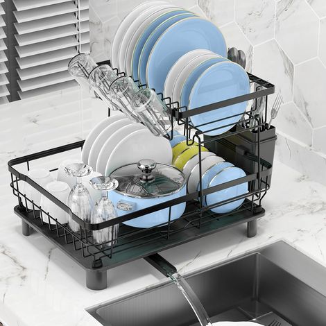 Égouttoir vaisselle 2 étages noir inox pour plan de travail cuisine, avec couverts, porte-verres et plateau d'égouttage (1/5)