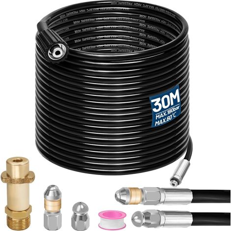 Kit de tuyau de nettoyage de canalisations 30 m, 180 bar, 60 °C, avec buses rigides et rotatives, 1 adaptateur compatible avec K2, K3, K4, K5, K6, K7