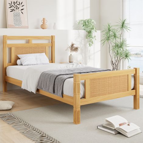Wooden Bed Frame - MDF with Rattan Paper Design, Sturdy Pine+MDF+Plywood Construction, Wood Colour Finish, 3ft Single 90x190cm (1/5)