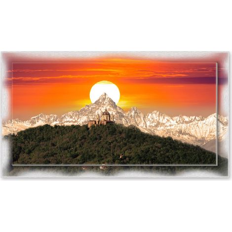Lupia - Quadro moderno su Tela con Cornice stampata NEWEXT 75x135 cm, paesaggi localismi italiani, per casa soggiorno capezzale camera da letto hotel ufficio, TORINO SUPERGA TRAMONTO ROSSO (1/4)