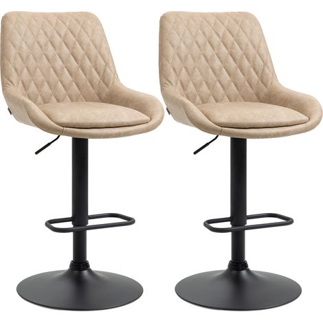 HOMCOM PU Leather Padded Bar Stools Set of 2 with Metal Base Khaki