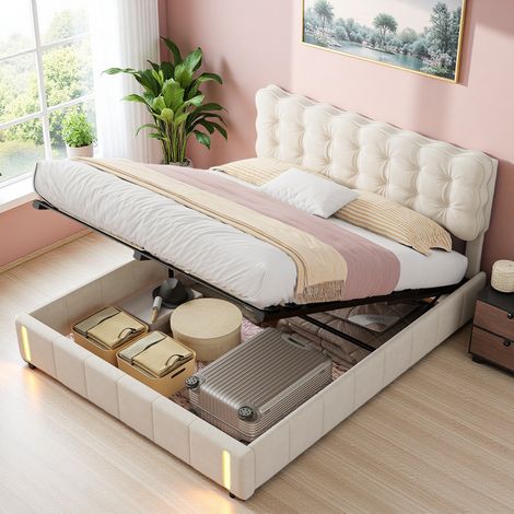 Stauraumbett 140x200 cm, 2 Personen, mit induktiver LED-Beleuchtung, Stauraum, Lattenrost aus Holz, Metallrahmen, gepolstertes Veloursbett - Beige