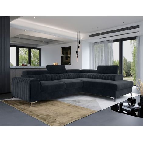 Ecksofa mit Schlaffunktion Sofa ELENI Stoff Paros Dunkelgrau Ottomane Rechts (1/4)